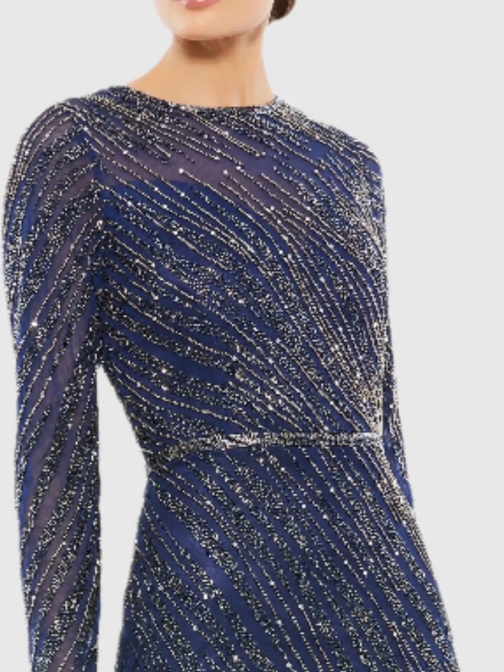 Mac Duggal Navy Long-Sleeve Beaded Evening Gown